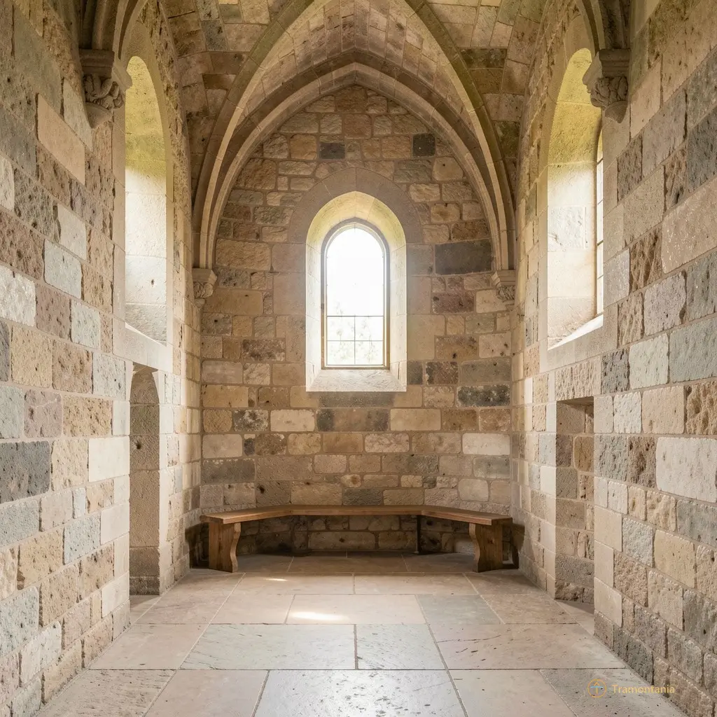 Interior of the Ermitage chapel showing stone walls and soft natural light filtering through small windows