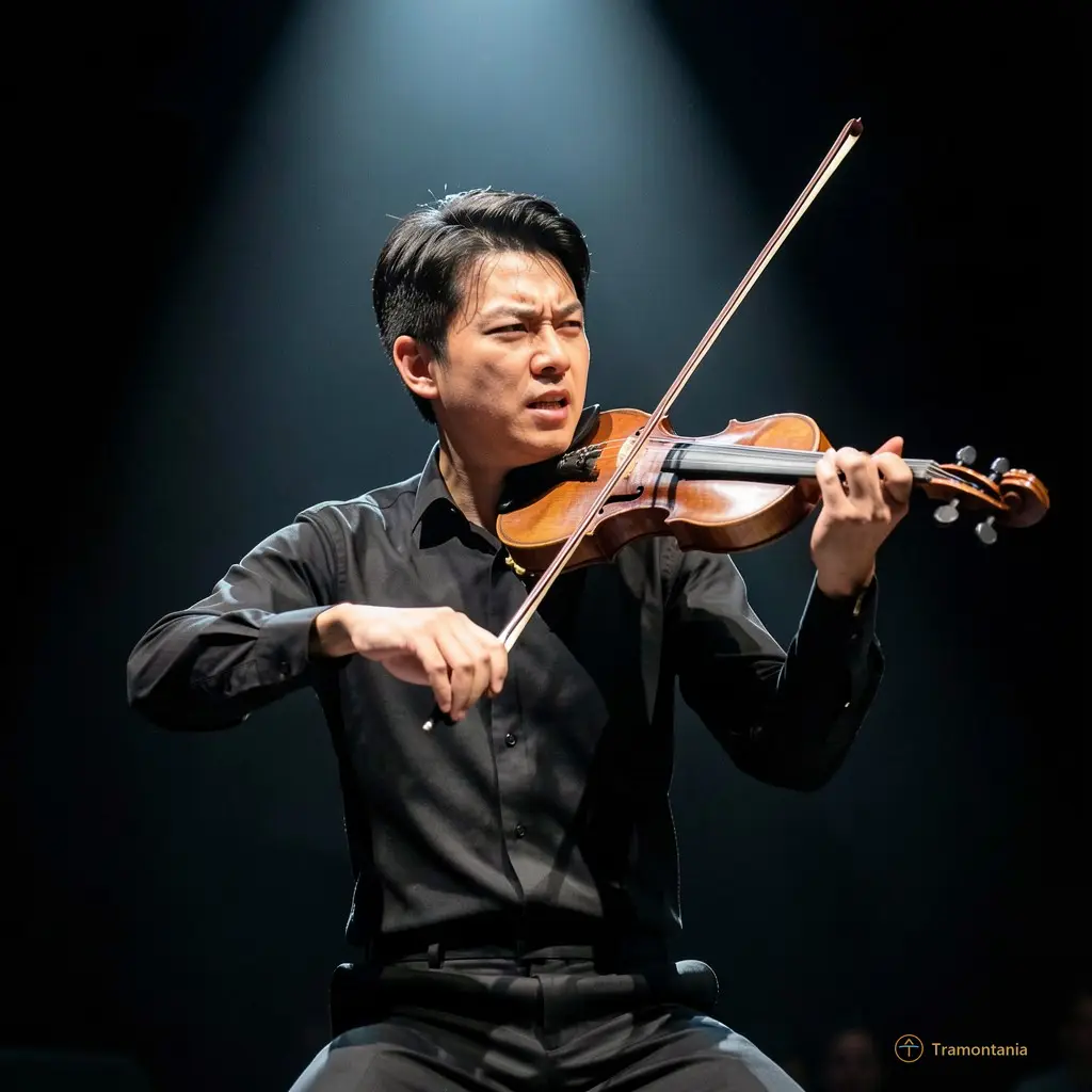 Violinist Christian Li in a dynamic pose during performance, spotlight highlighting his intense expression