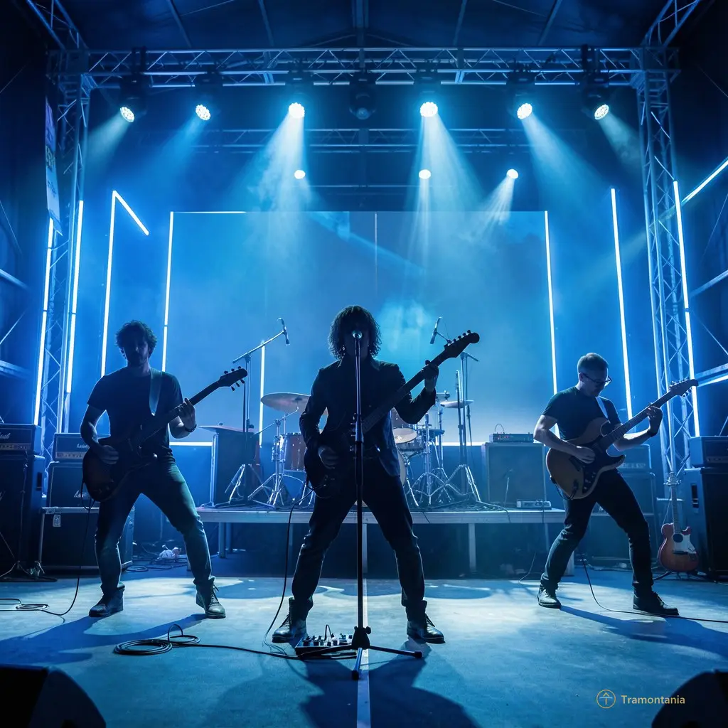 Vue large de la scène avec les musiciens en pleine action, silhouettes dynamiques contre des néons bleus