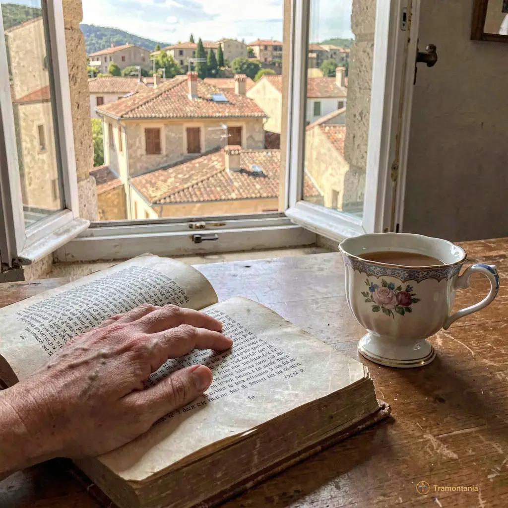 Une main posée sur un vieux livre de poésie à côté d’une tasse en porcelaine, près d'une fenêtre ouverte où l’on devine les toits de Perpignan.