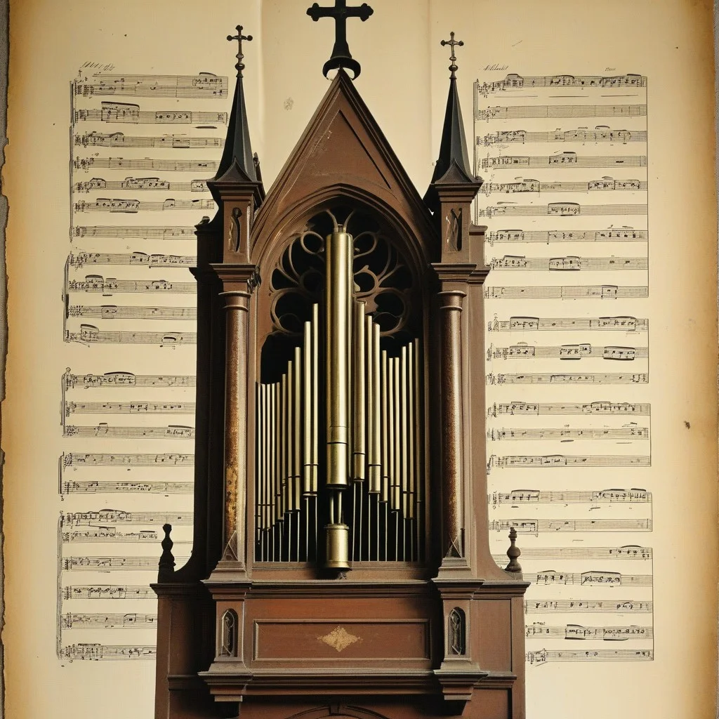 Une vieille affiche usée annonçant un concert de carillon dans une église gothique, avec des bordures dorées et des lettres calligraphiées.