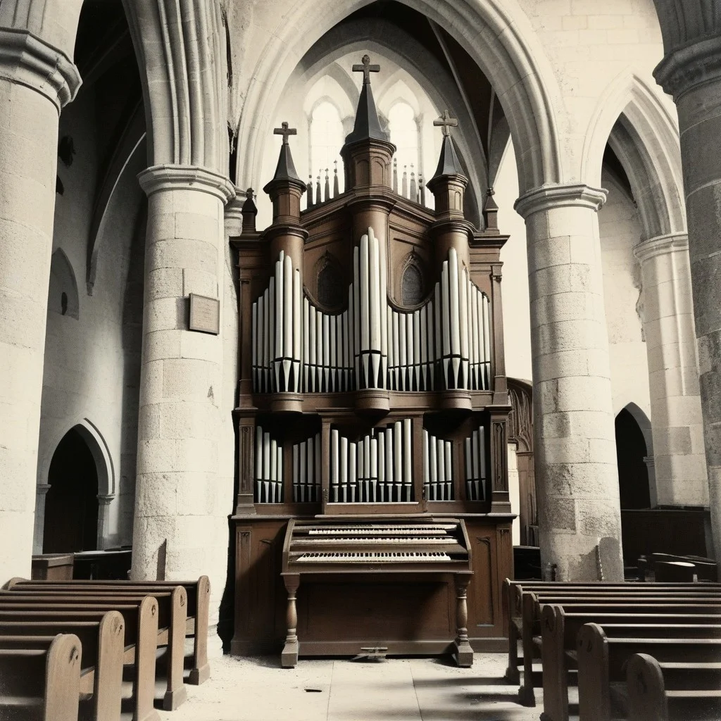 Une vieille photo en noir et blanc d'un organiste jouant sur un orgue ancien dans une église gothique, avec des colonnes en pierre et des arcs en ogive.