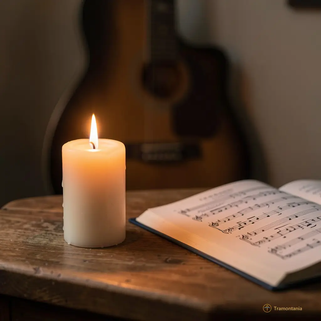 Close-up of a candle flickering beside an open score on a wooden table, with the faint silhouette of a guitar in focus behind.