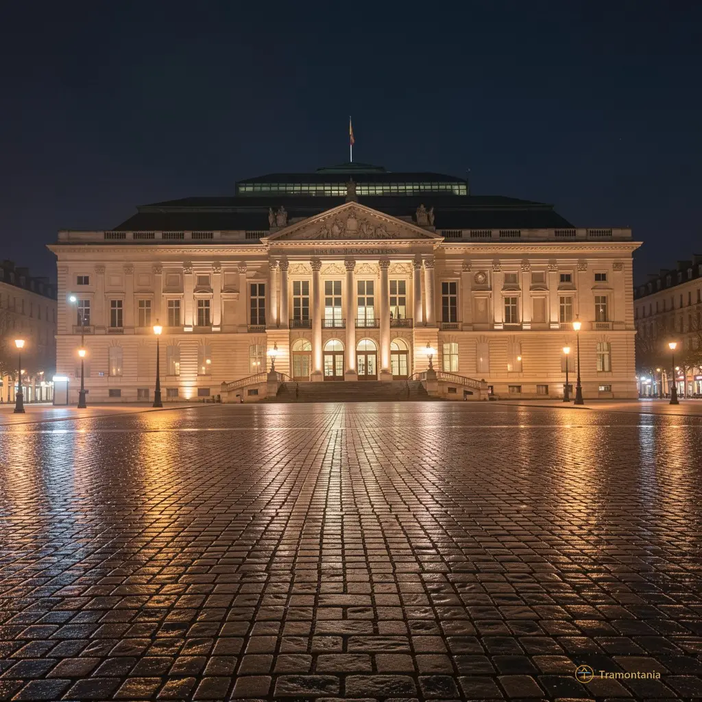 A wide shot of the Palais des Congrès at night, its façade softly illuminated by candlelight reflected on wet cobblestones; distant streetlights blur into a hazy glow.