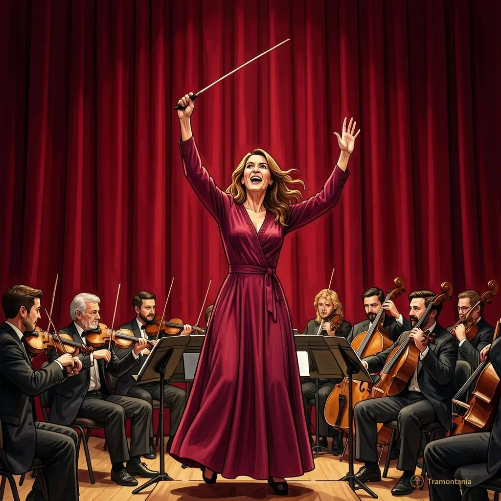An artistic illustration of Ana Maria Patiño-Osorio conducting an orchestra with dynamic energy, her baton raised high against a backdrop of deep red velvet curtains