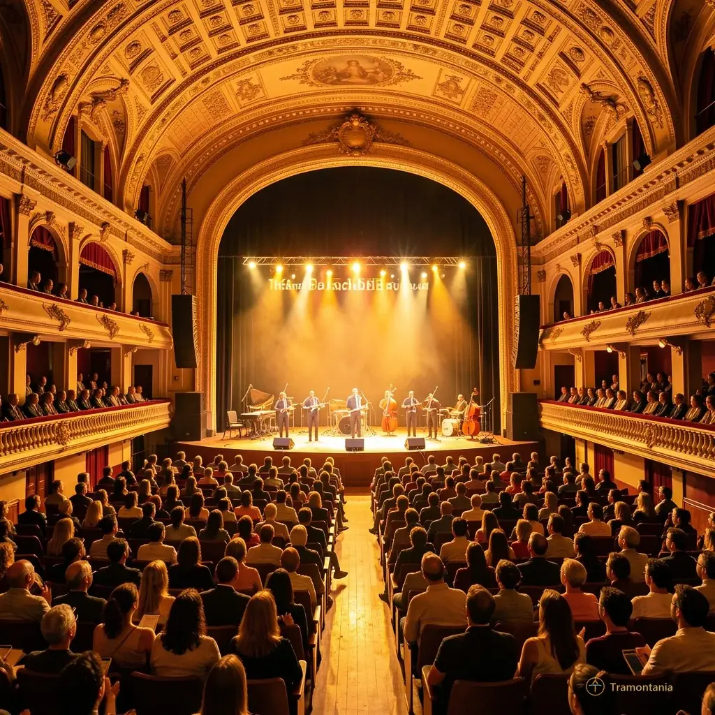 A wide shot of the interior of Théâtre de l'archipel in Perpignan during a concert, with warm golden lighting illuminating the audience and the stage