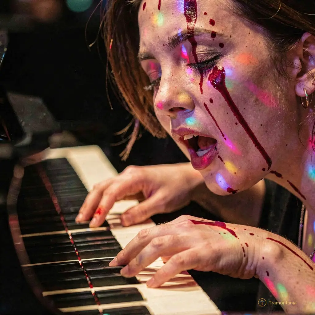 Close-up of a pianist’s hands dancing across ivory keys as the singer leans in, eyes closed, mouth slightly open — colored spotlights paint streaks on their faces like spilled wine.