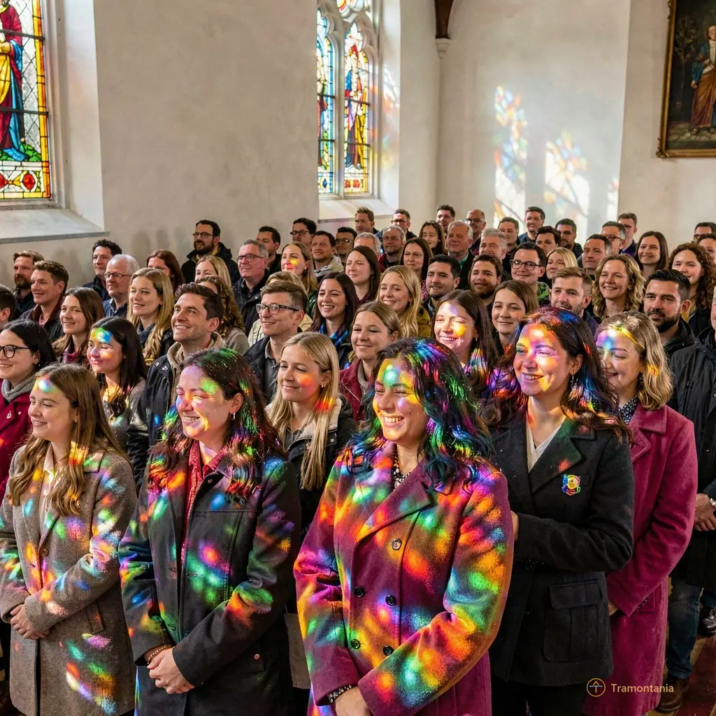 A crowd of 50+ people stands in tight clusters near the back wall — some smiling, others with eyes closed, hands clasped. Light from stained-glass windows casts kaleidoscopic patterns on their coats and hair.