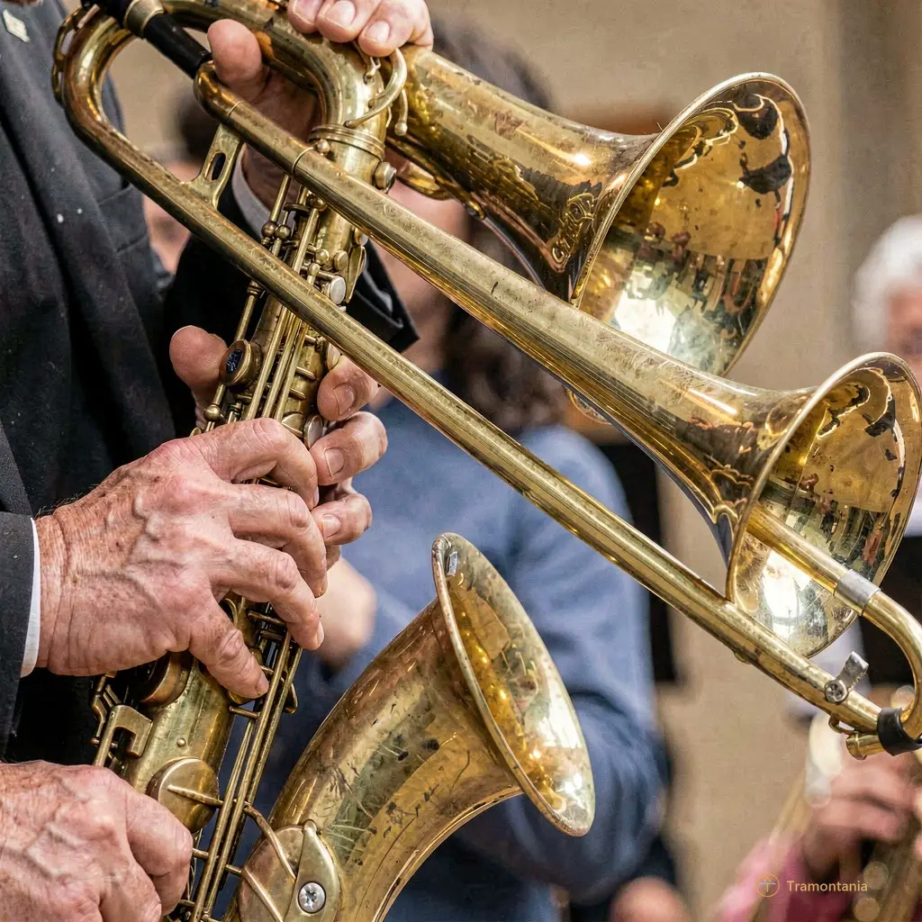 Close-up of a tenor saxophone and trombone being played with intense energy