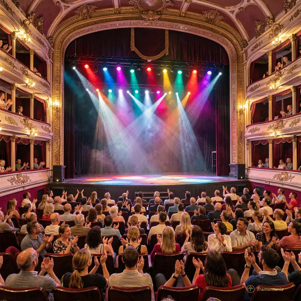 Wide shot of the theater interior with colorful stage lights and an engaged audience clapping