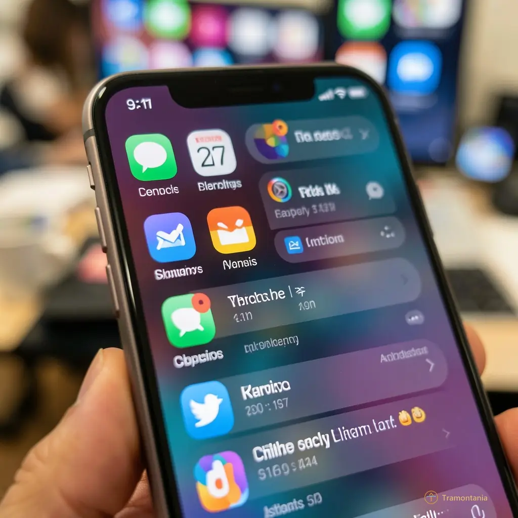 Close-up of a smartphone screen displaying social media icons and notifications, blurred background suggesting a busy digital life