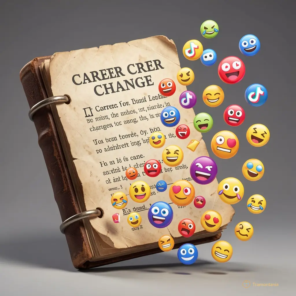 Dynamic illustration of an old bank ledger transforming into colorful TikTok-style emojis, symbolizing career change