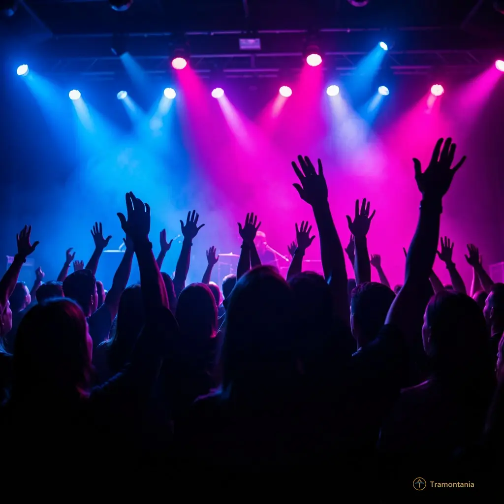 Silhouette of an audience with hands raised in excitement, bathed in vibrant blue and magenta stage lights