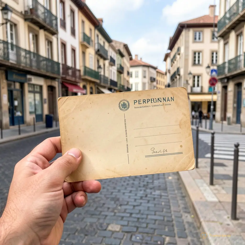Close up of a guide's hand holding an old yellowed postcard next to the current view of a street corner in Perpignan