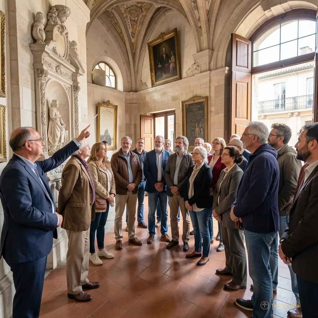 Interior view of the Hôtel De Ville in Perpignan, a diverse group of people listening attentively to a guide pointing at an architectural detail