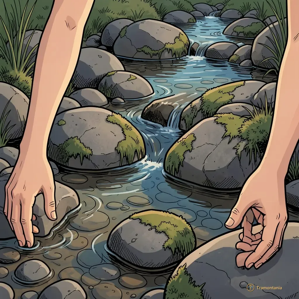 Un petit ruisseau coule au-dessus de galets lisses révélant les couches sédimentaires du lit rocheux naturel