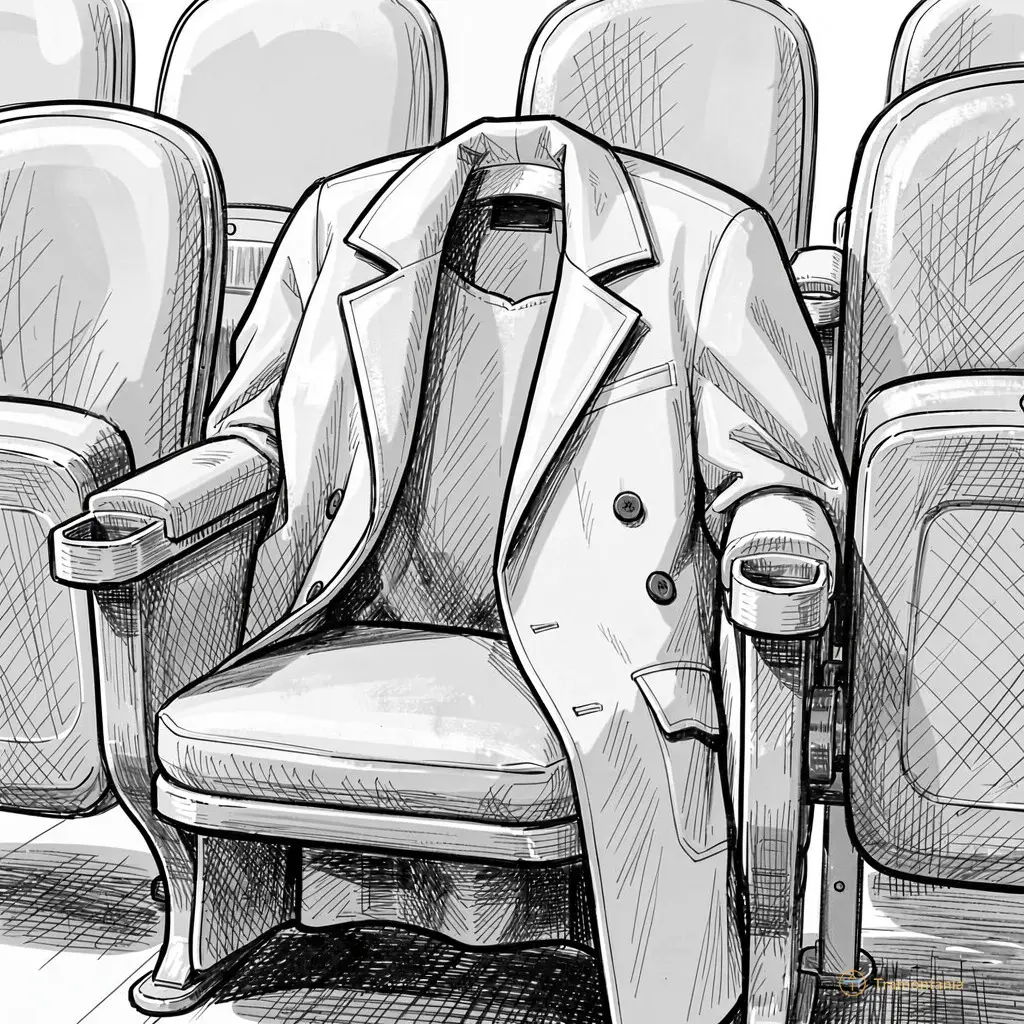 A close-up sketch of a theater seat with an empty coat draped over it, symbolizing the individual within the collective