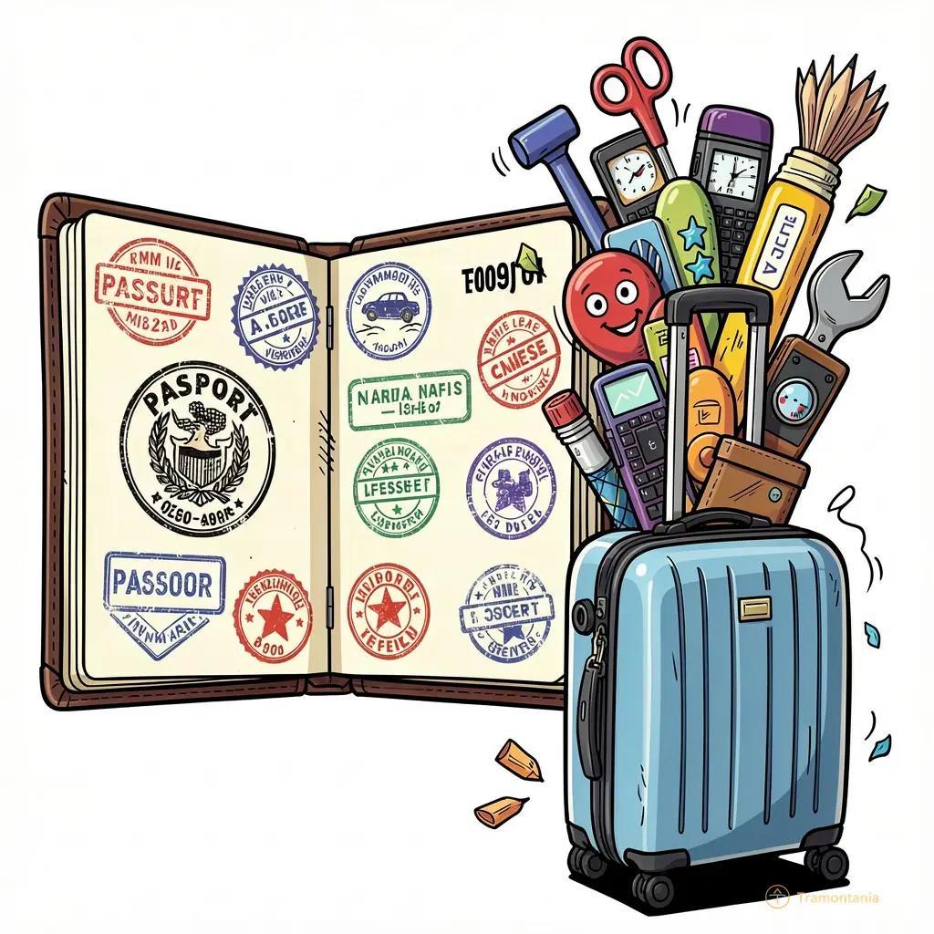 Un dessin humoristique d'un passeport ouvert avec des tampons exagérés et une valise qui déborde d'objets absurdes
