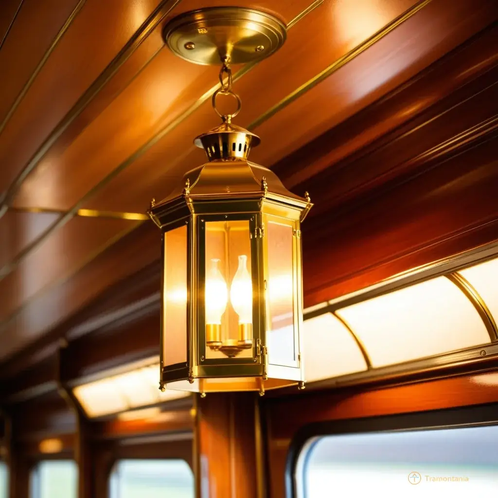 Close-up of a vintage brass lantern hanging from the ceiling of the train carriage interior, casting soft warm light on polished wooden paneling and leather seats; dust motes dancing in the beam suggesting an atmosphere of nostalgia and elegance.