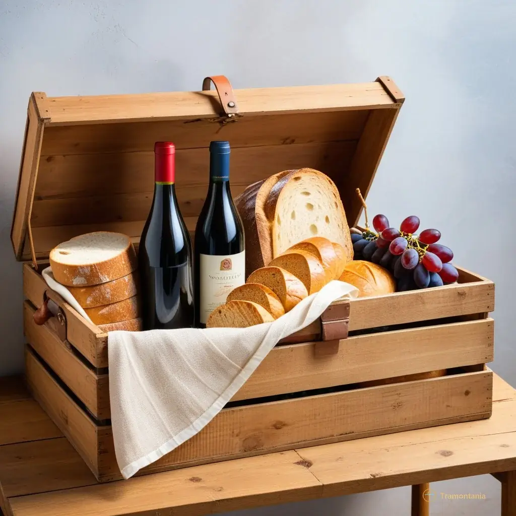 A rustic wooden crate filled with local produce including bottles of red wine from the Agly valley and fresh bread wrapped in cloth, placed on a platform next to a stack of vintage suitcases; natural daylight highlighting textures of cork, glass, and woven fabric.