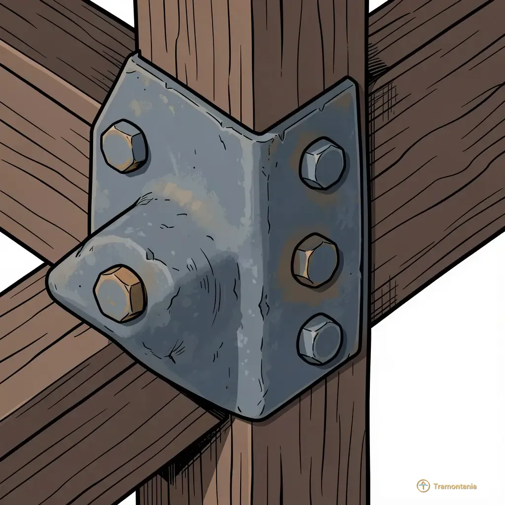 Un joint détaillé montre des éléments en fer forgé boulonnés sur un morceau de bois sombre, soulignant le savoir-faire artisanal