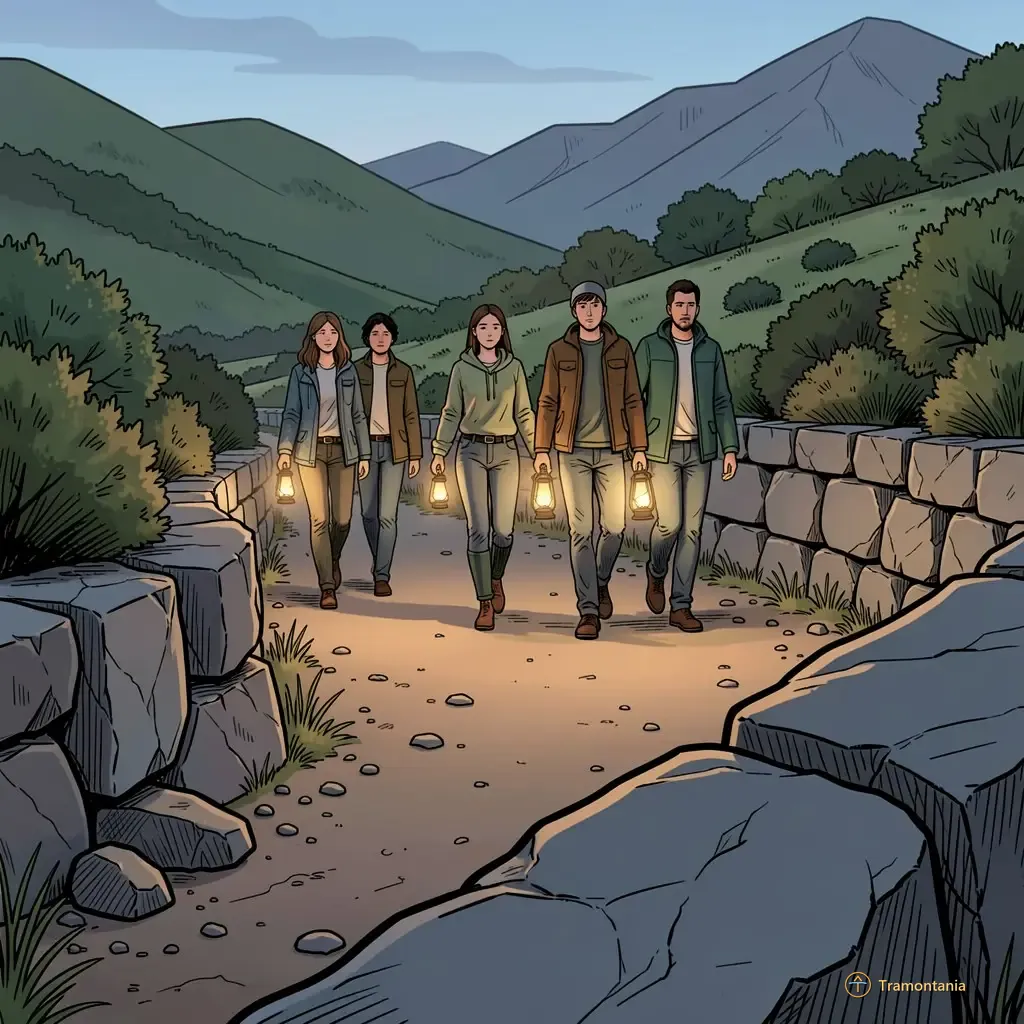 Un groupe de personnes marchent le long d'un chemin de terre avec de petites lanternes éclairant leur passage dans un paysage montagneux