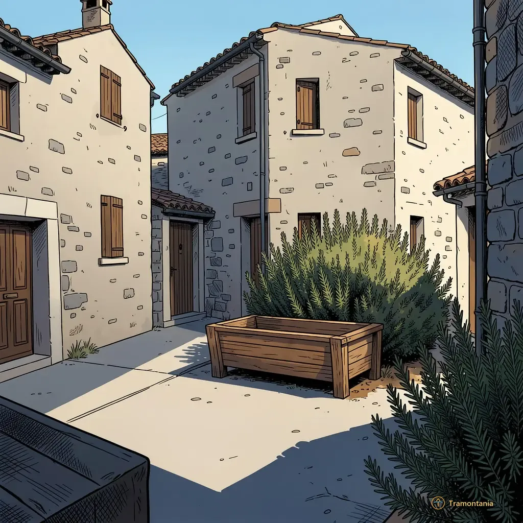 Des murs texturés de bâtiments résidentiels et une ancienne cuve en bois ornent un coin de rue à Prades avec des arbustes méditerranéens