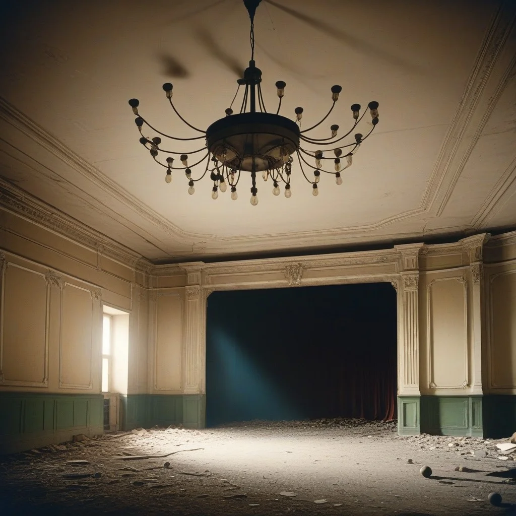 Un vieux lustre en cuivre terni, suspendu au plafond d’un théâtre abandonné, avec quelques ampoules cassées et une seule qui brille encore, éclairant un coin vide de la salle.