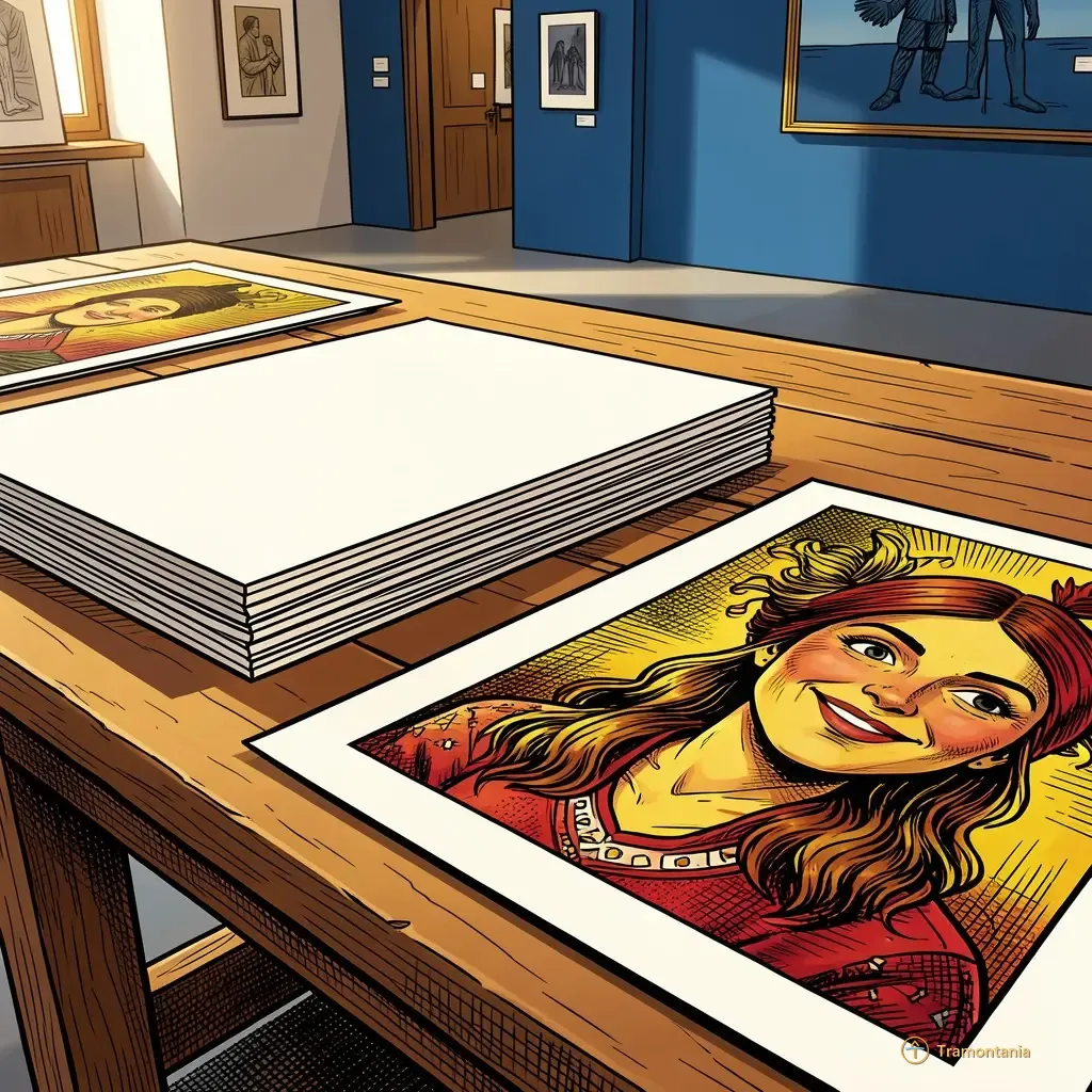 Close-up shot of brightly colored printed paper textures (lithography style), showing visible ink bleed and layered colors, resting on a simple wooden workbench surface in an art workshop setting, natural diffused light from overhead windows