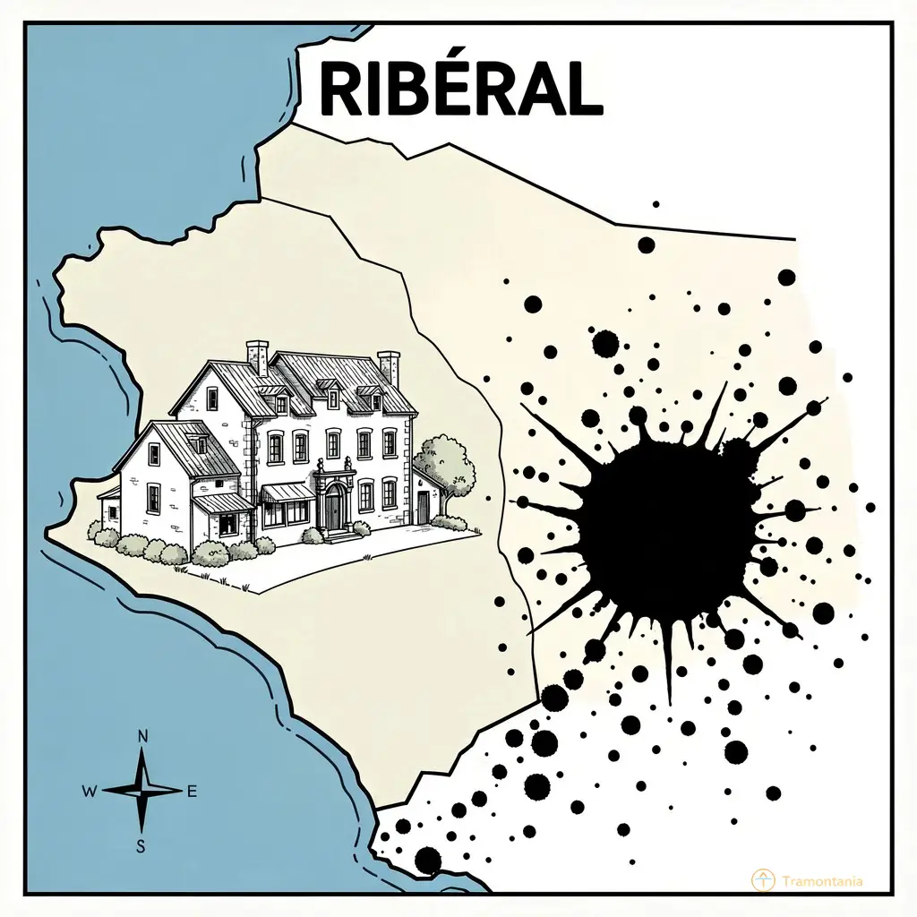 Illustration BD style bande dessinée claire et aérée montrant une carte schématique simplifiée du Ribéral avec deux silhouettes de villages côte à côte, l’un compact et ancien, l’autre étalé comme des taches d’encre dispersées