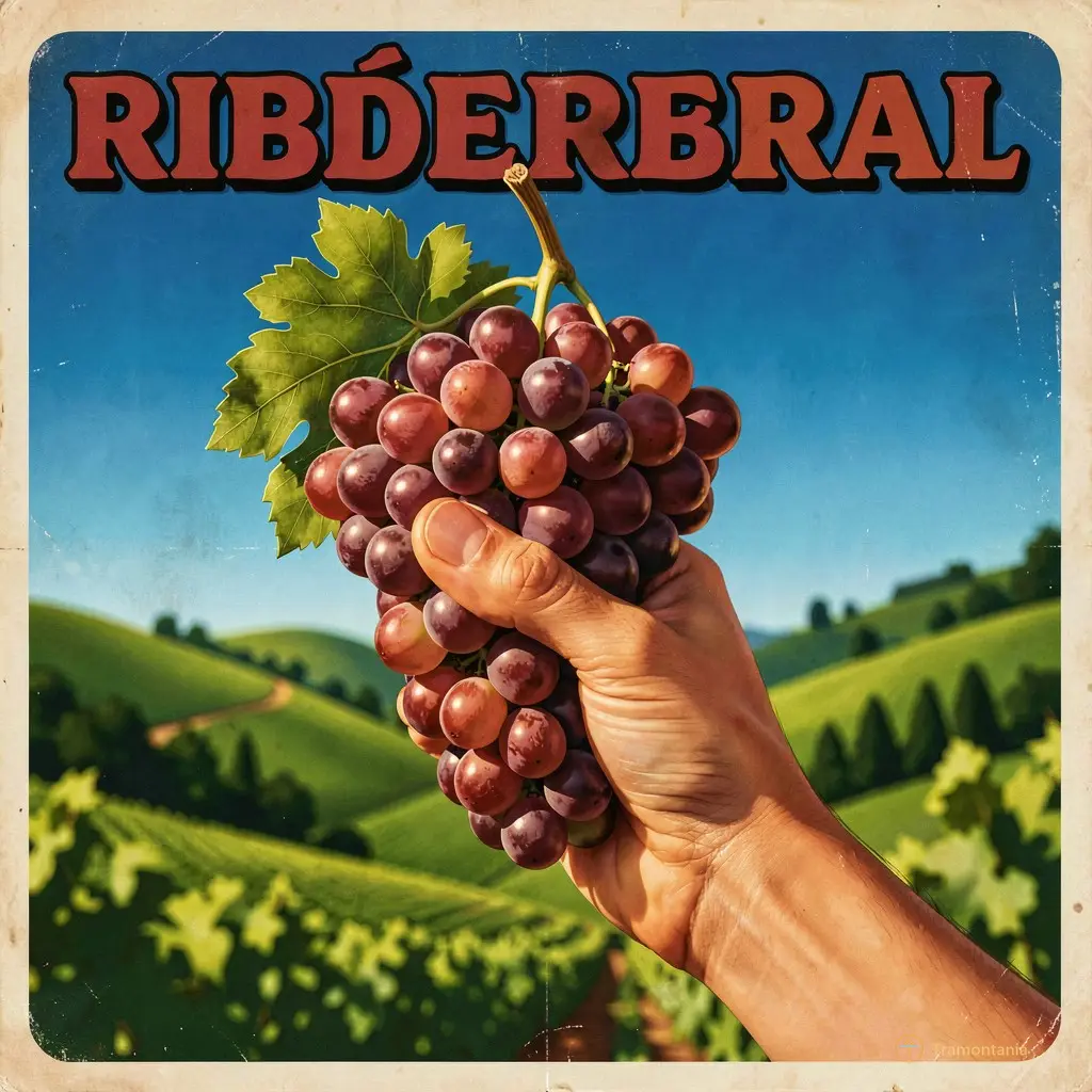 Affiche rétro colorée style années 70 représentant une main tenant une grappe de raisin mûr, avec en arrière-plan flou les silhouettes vertes des coteaux du Ribéral sous un ciel bleu intense