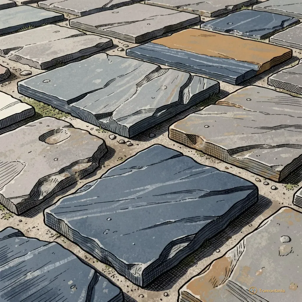Un segment de pavés anciens et de carreaux de schiste patinés au niveau du sol montrent des textures superposées
