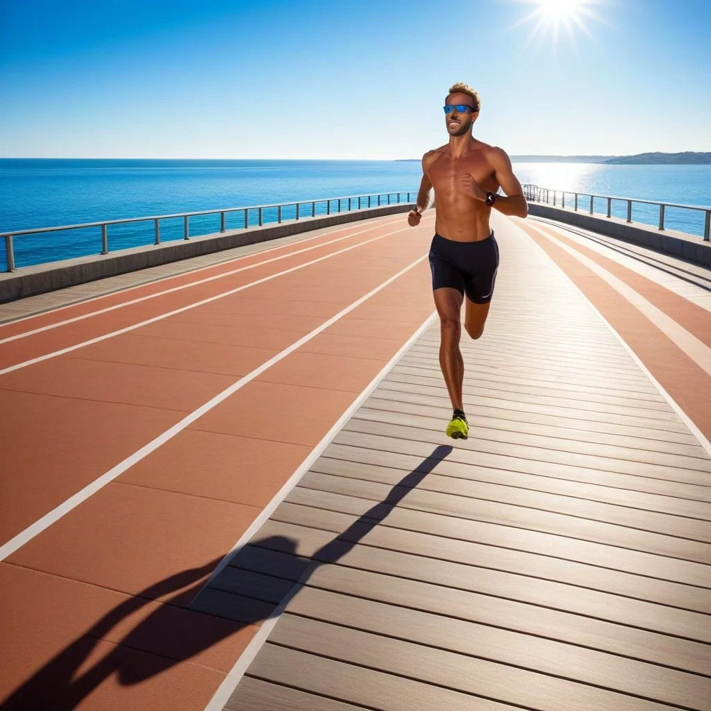 Coureur sur une promenade de bord de mer au lever du jour, dynamisme.