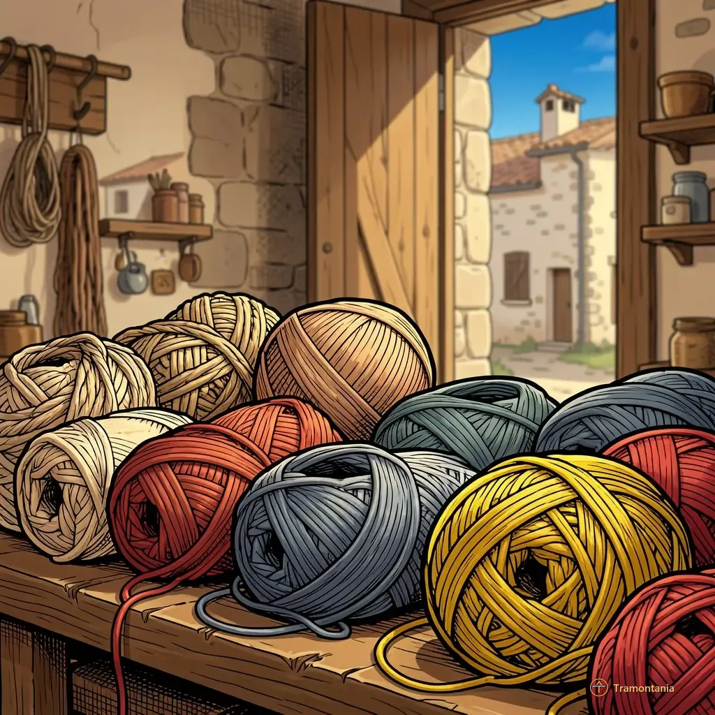 Un assortiment de fibres naturelles et de fils aux tons terre est arrangé près d'un coin de surface de travail en bois ancien