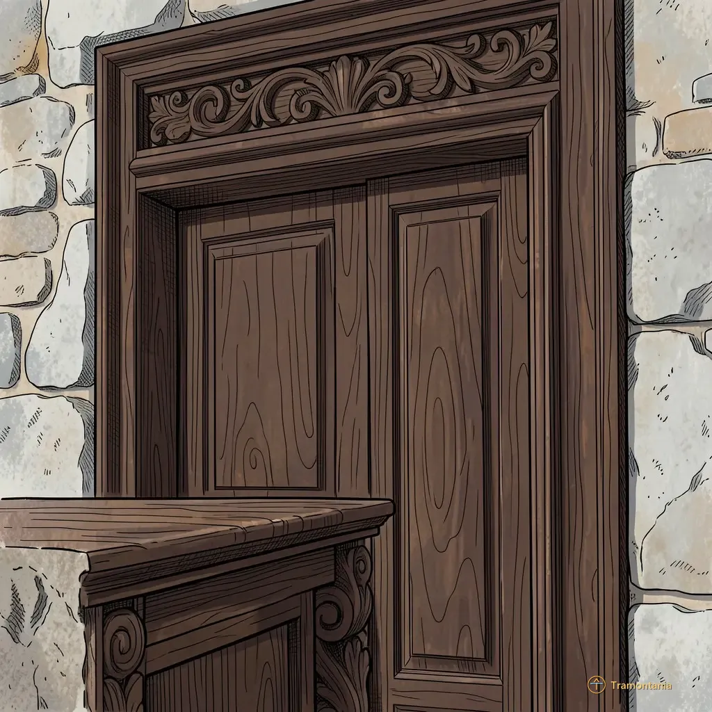 Medium shot of a richly carved wooden door frame detail in an old Mediterranean house; the wood is dark walnut with signs of age and wear; strong afternoon daylight enters from one side
