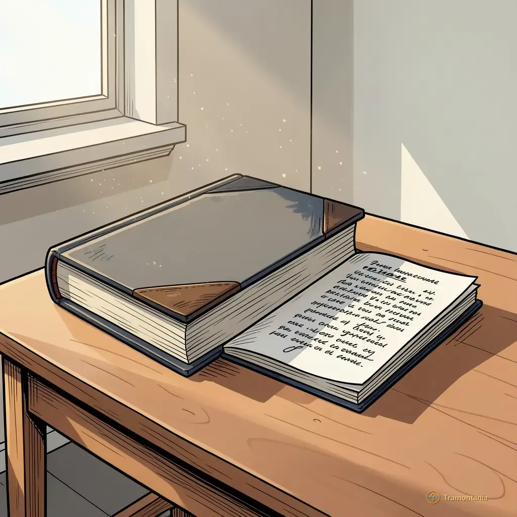Une pile de livres reliés de cuir épais repose sur une table en bois vide et un livre ouvert montre de l'écriture manuscrite