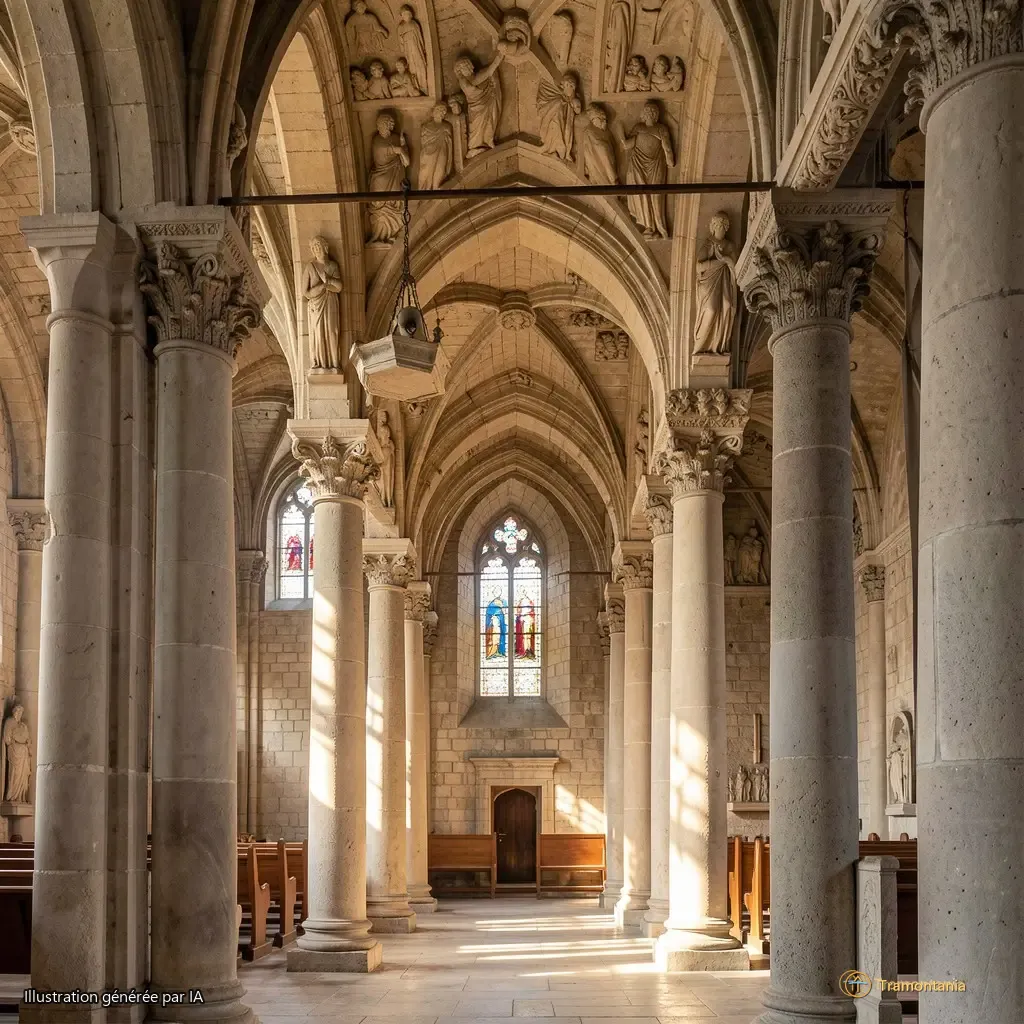 Intérieur de l’église abbatiale — chapiteau sculpté, lumière rasante sur les colonnes, cadrage en plan rapproché