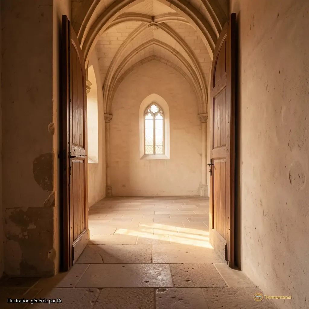 Cour intérieure adjacente à l’église — sol en pierre, murs sans fenêtres, lumière d’automne, cadrage depuis la porte ouverte