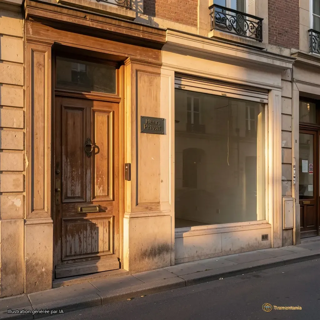 Façade de l’atelier, avenue Guy Malé — plan large, ombres longues du soir, porte d'entrée en bois patiné avec plaque métallique gravée "Henri Privat"