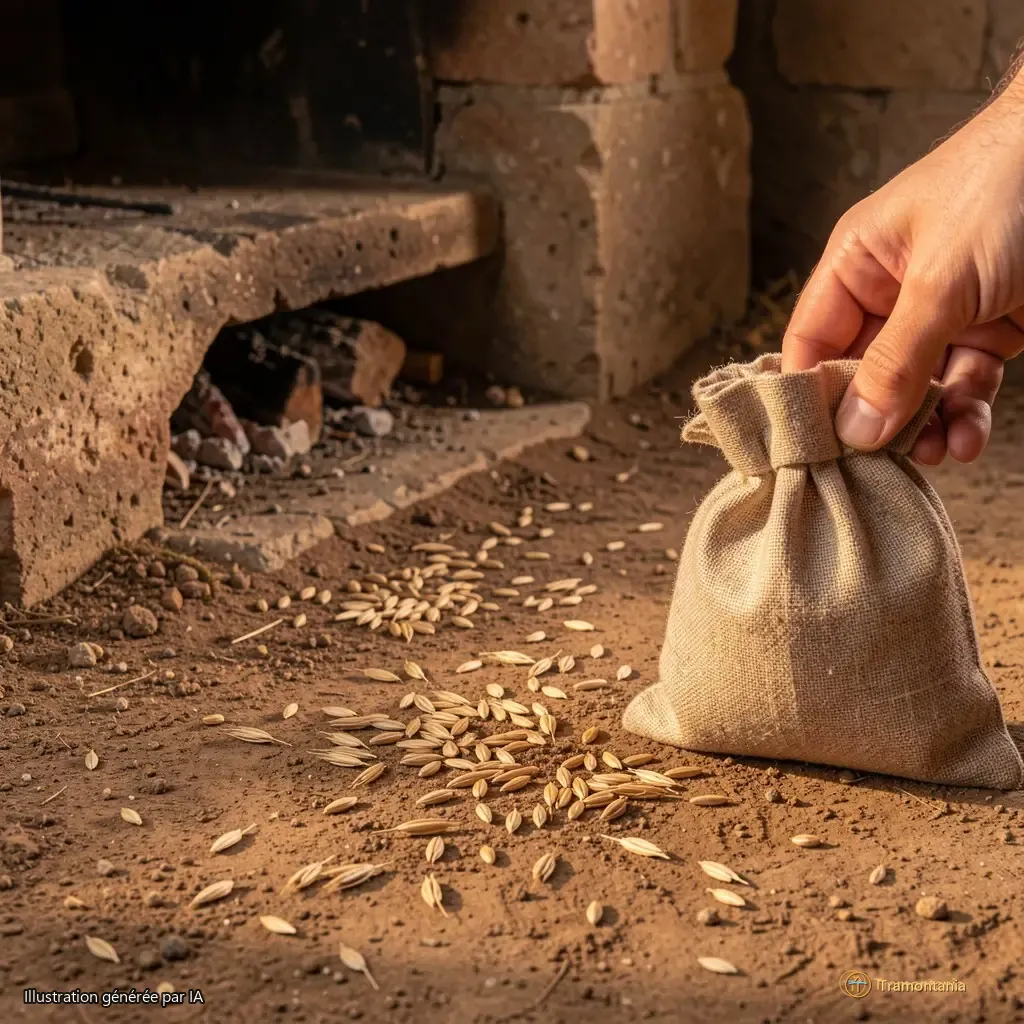 Un détail du sol en terre battue à côté d’un foyer ancien reconstitué. Des grains de blé épars sont répandus sur la poussière, comme si quelqu'un venait juste de les semer. Une main, hors champ, tient un petit sac en lin. La lumière est basse, presque couchante.