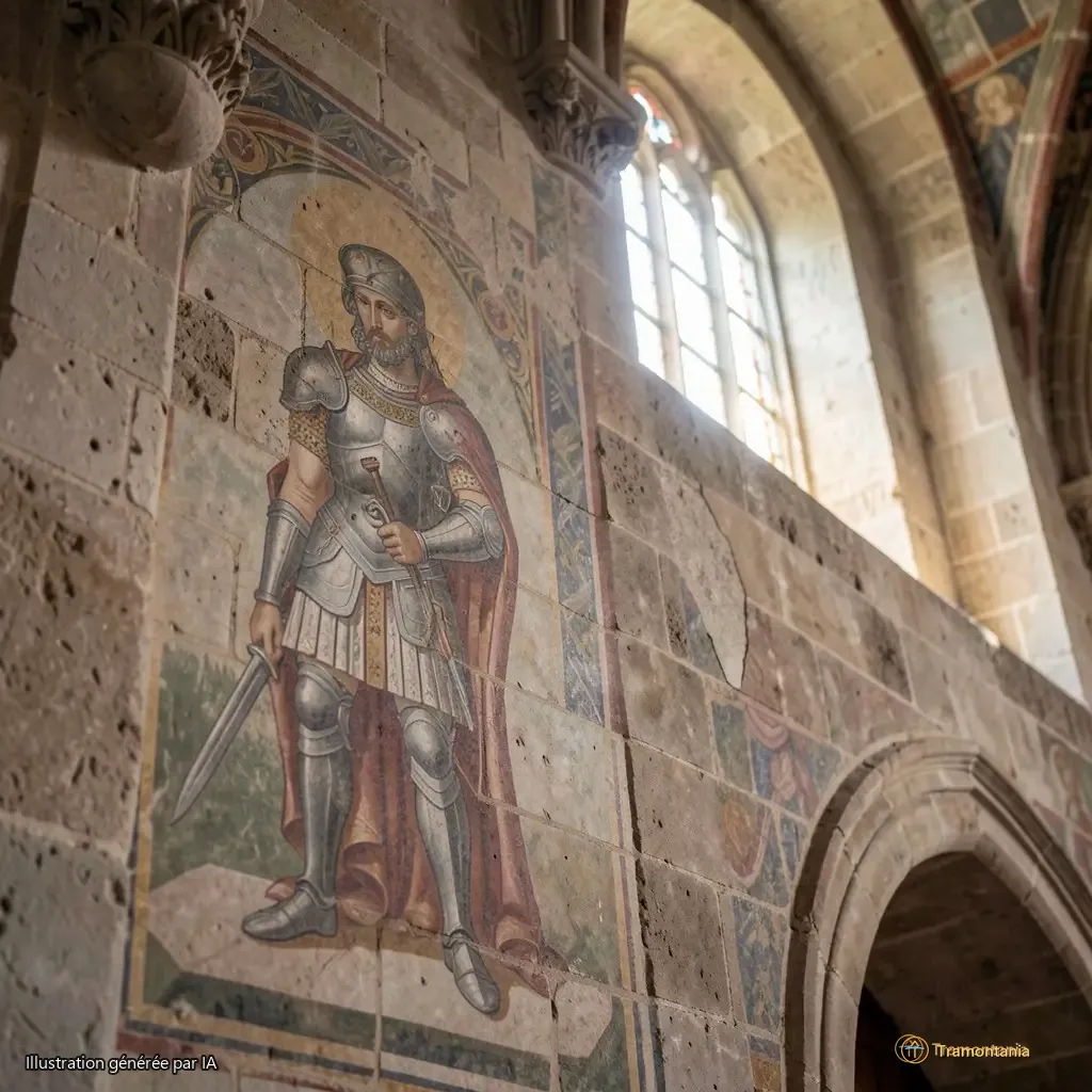Détail de la chapelle Saint-Sébastien, mur nord avec fragment de peinture murale représentant un saint en armure, éclairage naturel filtré par une fenêtre haute.