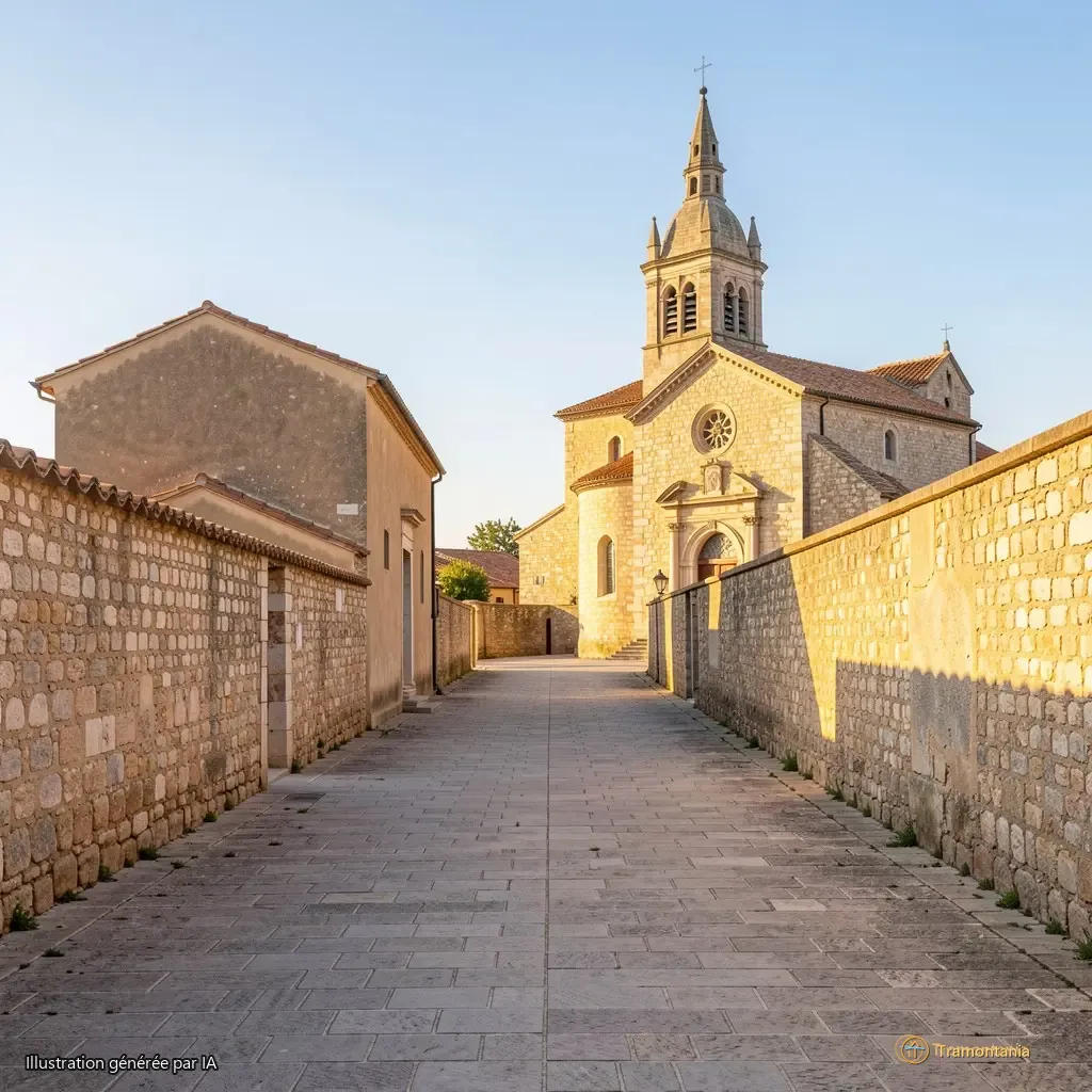 Vue d’ensemble du chemin entre la chapelle et l'église, allée pavée bordée de murs anciens, lumière rasante vers midi.