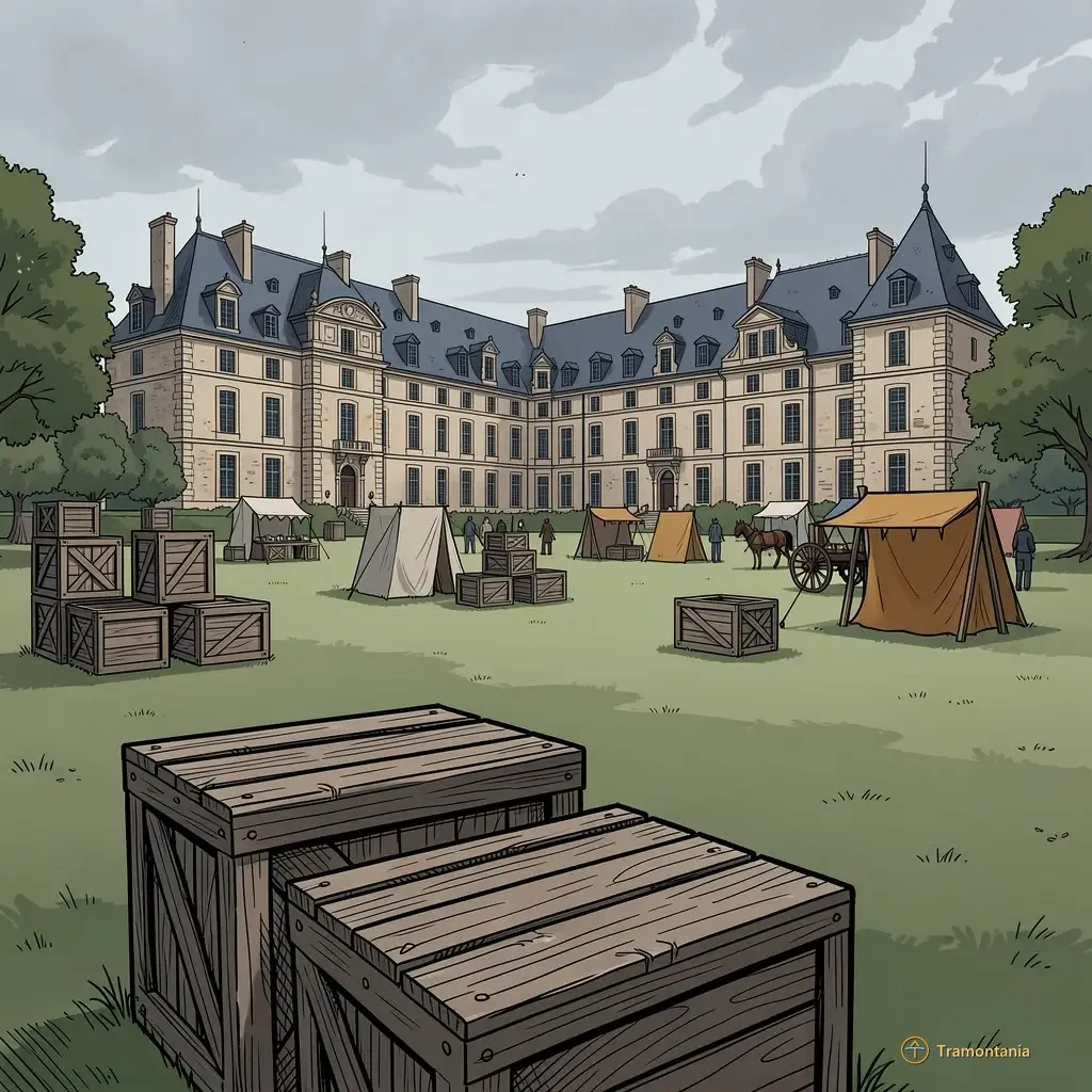 Une grande aire ouverte du domaine du château montre un équipement temporaire disposé pour une programmation culturelle événementielle