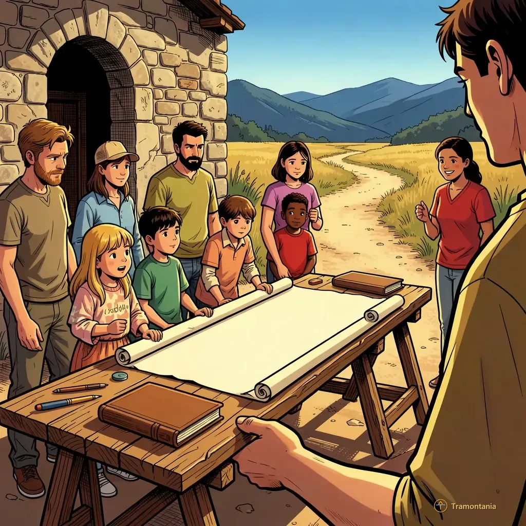 Des gens variés observent attentivement de grands parchemins disposés sur des tables en bois dans un espace extérieur près d'un vieux bâtiment
