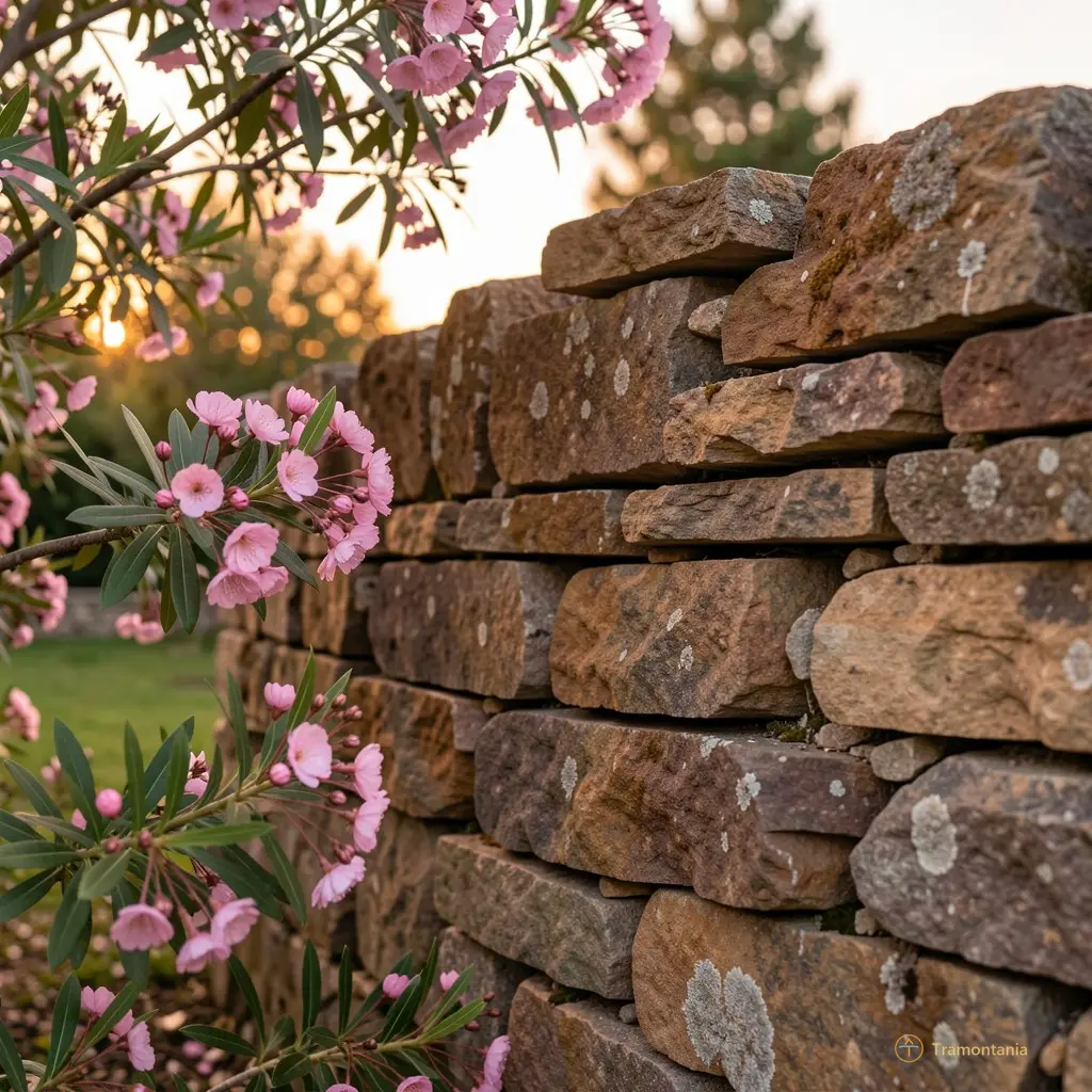 Détail d’un mur en pierre sèche, lumière du crépuscule sur un coin de jardin public à Saint-Cyprien, cadrage serré avec une branche de laurier-rose qui dépasse au premier plan.