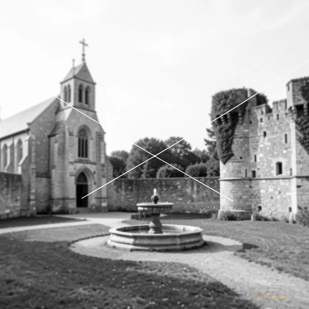 Plan du parcours en noir et blanc, légèrement flouté, montrant trois points clés : l’église, la fontaine, le mur historique — avec une ligne fine qui relie tout cela à un point central.