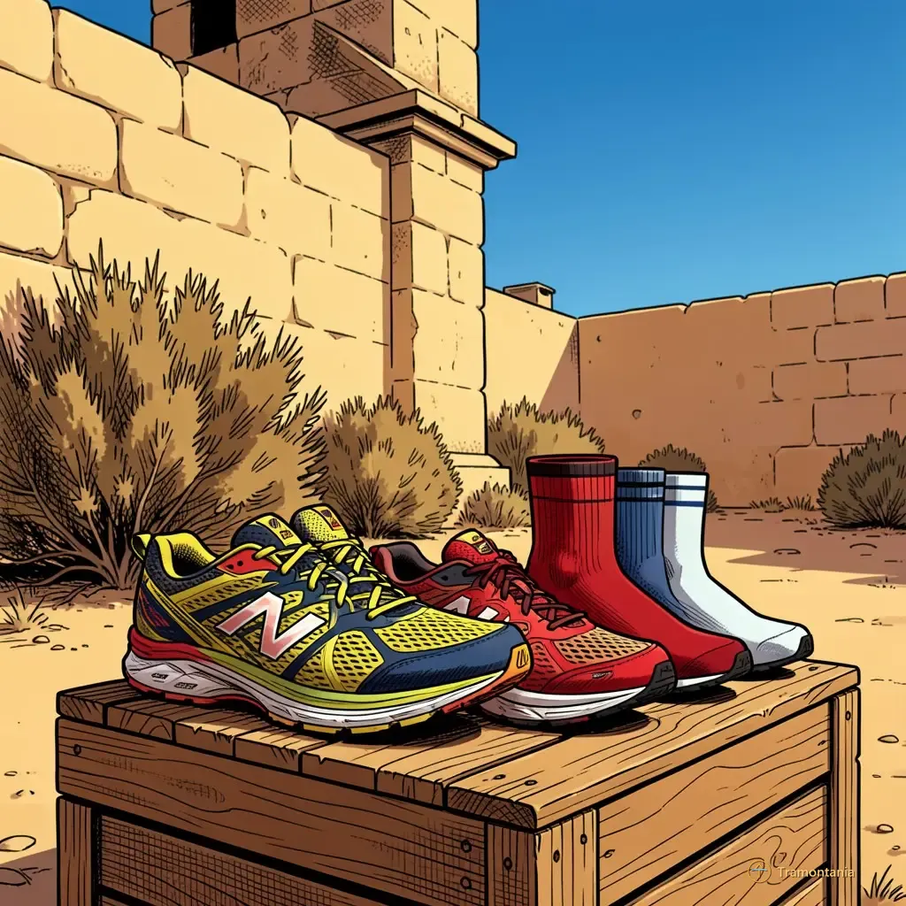 Plusieurs types de chaussures de course spécialisées et de chaussettes athlétiques reposent sur un caisson en bois devant un mur ocre pâle