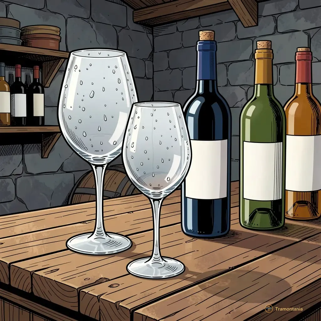 Des verres à vin spécialisés ainsi que quelques bouteilles ouvertes reposent sur un comptoir de bois ancien