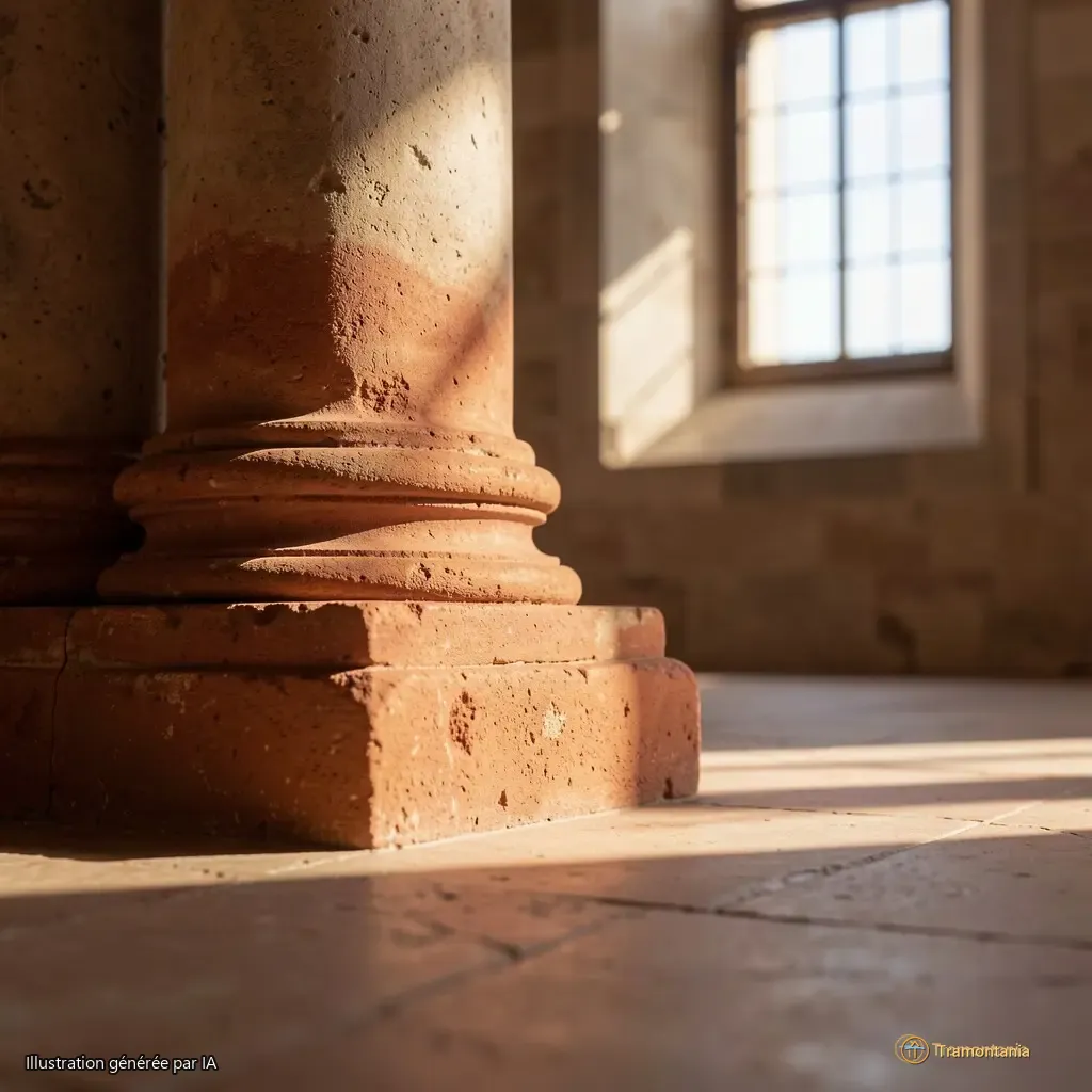 Détail d’une œuvre à l’ocre et terre rouge, posée contre la base d’un pilier roman. Lumière rasante filtre par une fenêtre haute, projetant une ombre fine en diagonale sur le sol