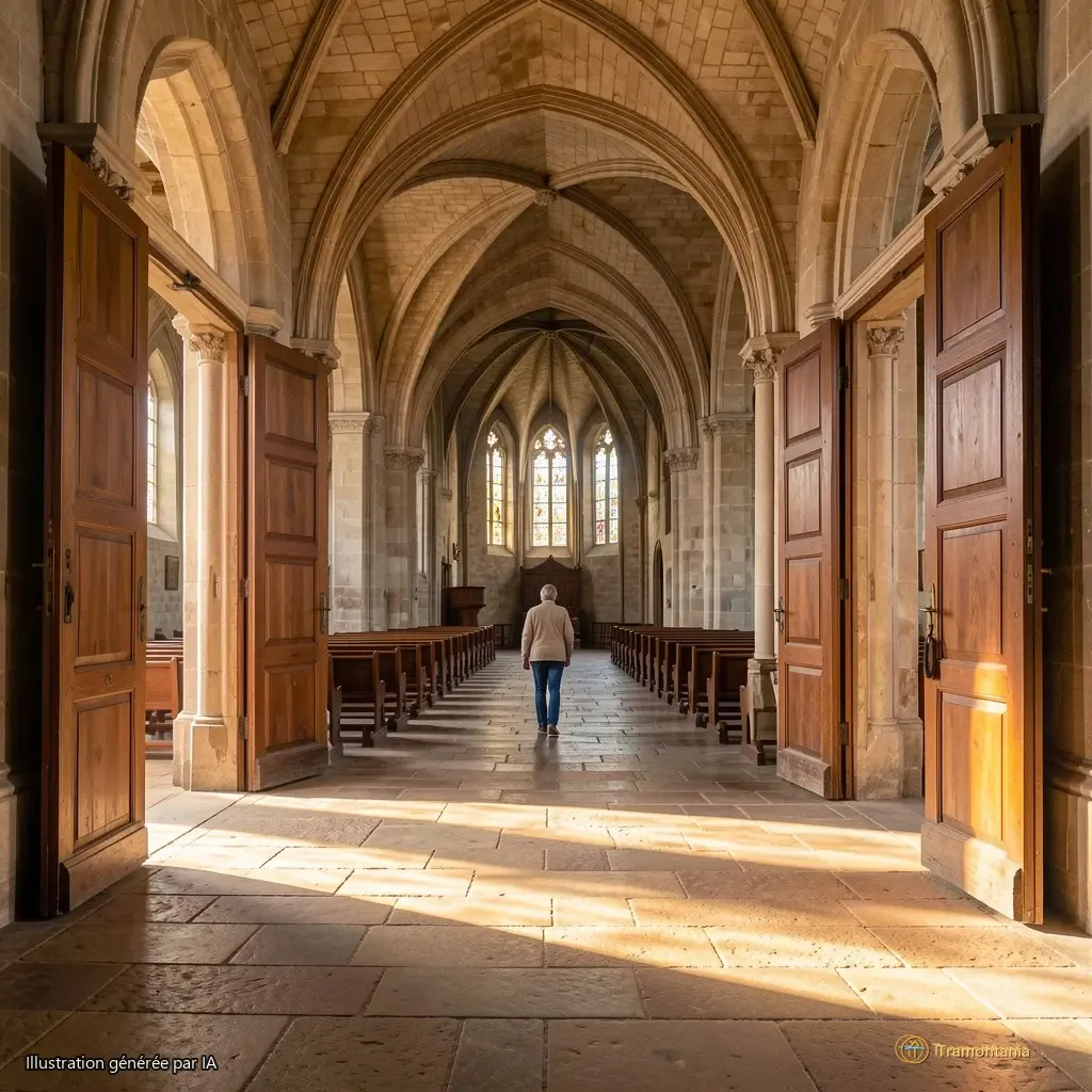 Plan large de l’entrée de l'église, portes grandes ouvertes, sol de pierre illuminé par les premiers rayons du soleil. Un seul visiteur en arrière-plan, dos tourné, marchant vers la nef